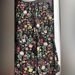 LOFT Black Floral Print Viscose Drawstring Wide Leg Pants
